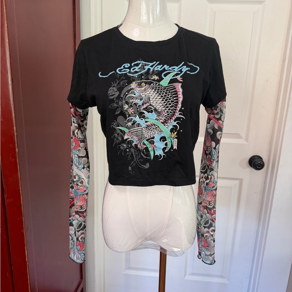 Ed Hardy Black and Multicolor Graphic Crop Top